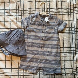 Striped Blue and Gray Baby Romper with Hat